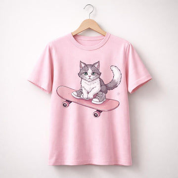 Pure Cotton Printed T-Shirt – Cute Skater Kitty Edition 🐱🛹